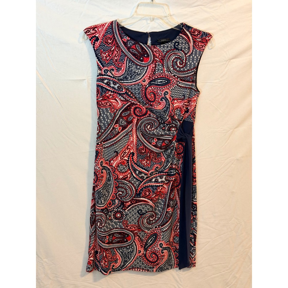 R&K Women Red Navy Paisley Sleeveless Faux Wrap Sheath Dress Petite Small PS